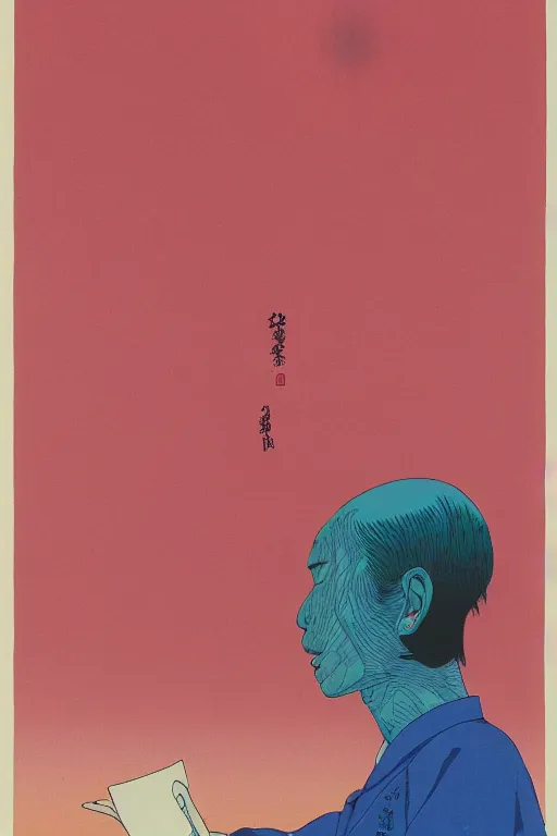 Image similar to a scifi closeup portrait of a young japanese man licking a blotter paper of LSD acid on his tongue and dreaming psychedelic hallucinations in cosmos, by kawase hasui, moebius, Edward Hopper and James Gilleard, Zdzislaw Beksinski, Steven Outram colorful flat surreal design, hd, 8k, artstation