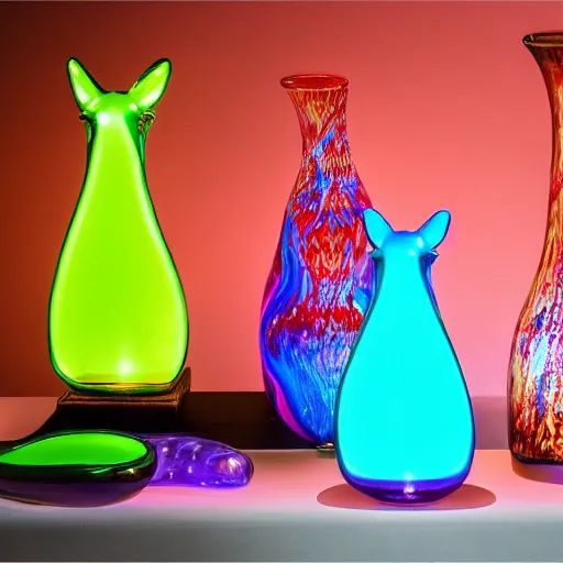 Prompt: murano glass vase shaped like animals, neon lighting showcase, professional photo, 8 k, 4 k, studio lighting