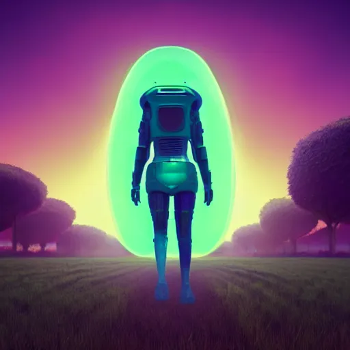 Image similar to a woman walking across a green field, a huge blue robot head in front of her, cyberpunk art by beeple, cgsociety, retrofuturism, synthwave, retrowave, outrun