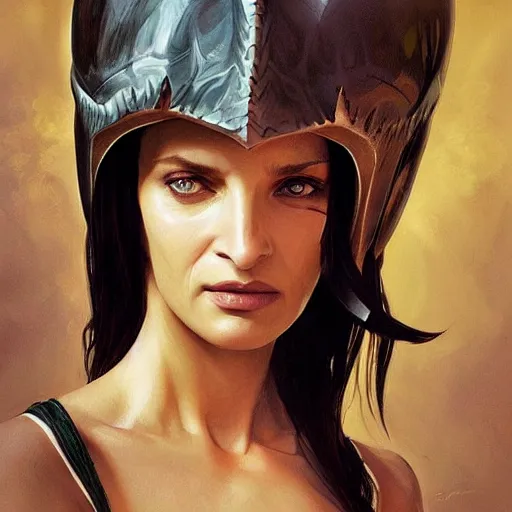 Prompt: an attractive young heavily pierced female wearing an shark helmet, uma thurman, olive skin, long dark hair, beautiful bone structure, intricate, elegant, highly detailed, digital painting, artstation, concept art, smooth, sharp focus, illustration, art by artgerm and greg rutkowski and alphonse mucha