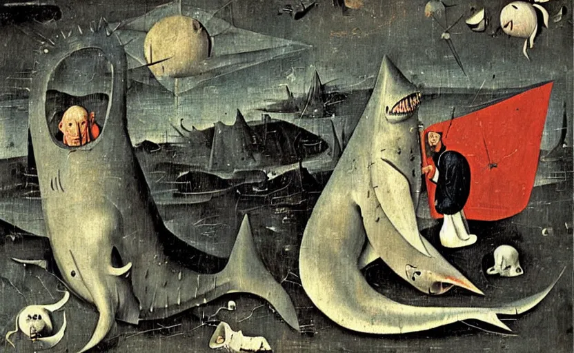 Prompt: oil painting by hieronymous bosch of watson and the shark.