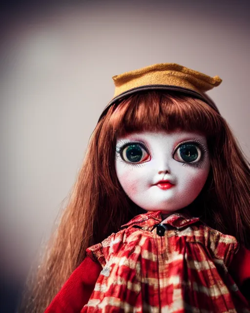 Image similar to high quality presentation photo of a cute pocelain doll, Mark Ryden style,, photography 4k, f1.8 anamorphic, bokeh, 4k, Canon, Nikon