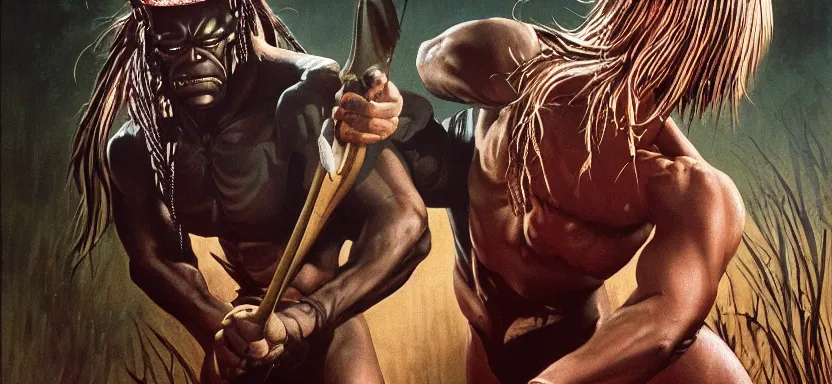 Prompt: predator 1 9 8 7, digital painting masterpiece, by ilya kuvshinov, by frank frazetta, by mœbius, by reiq, by hayao miyazaki, intricate detail, beautiful brush strokes, advanced lighting technology, 4 k wallpaper, interesting character design, stylized yet realistic anatomy and faces, inspired by kill bill animated scene