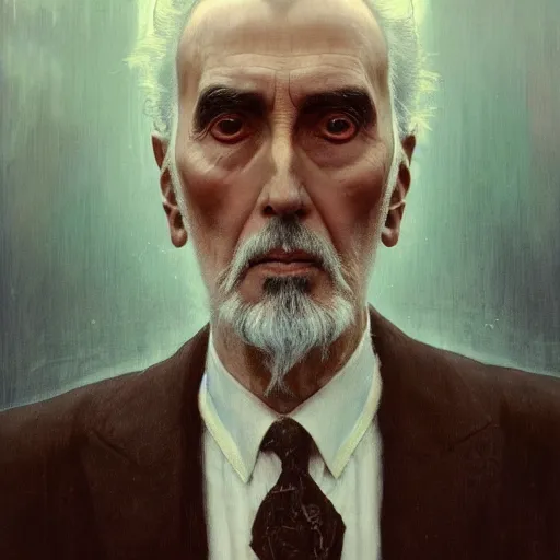 Prompt: hyperrealist portrait of christopher lee as an ancient old alien with large cruel intelligent eyes and a huge head standing in front of a computer interface by jeremy mann and alphonse mucha and alan lee, fantasy art, photo realistic, dynamic lighting, artstation, poster, volumetric lighting, very detailed faces, award winning, full face, symmetry