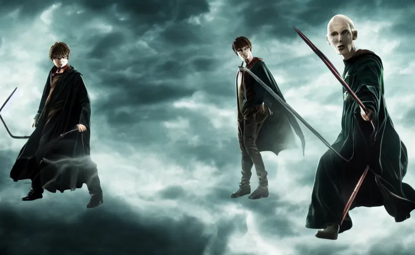 Prompt: magic battle between Harry Potter and Voldermort, spell, wind, stormy, cinematic