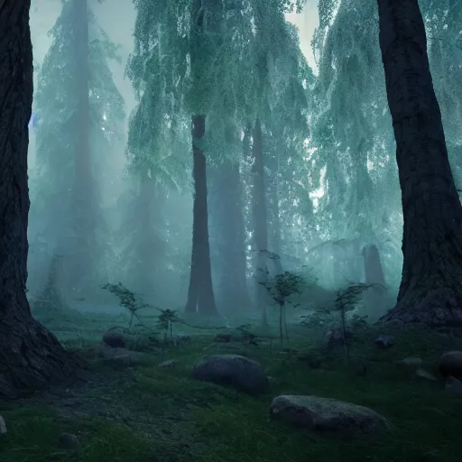 Prompt: the magical and mystical forest of vanaheim, scandinavian / norse influenced, cinematic, ray traced, octane render, cinematic lighting, ultrarealistic, featured on artstation, 8 k uhd artwork