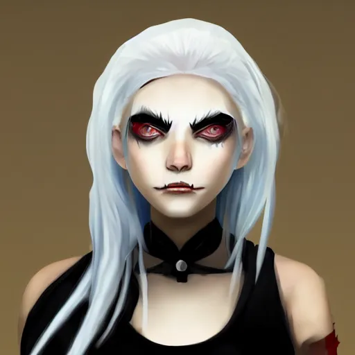 Prompt: Young woman, white hair, black eyes, sharp teeth, pointy ears, pale skin, trending on artstation