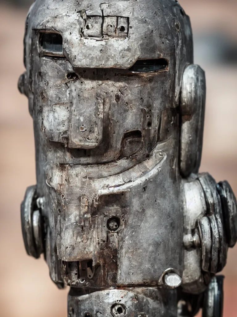 Image similar to closeup of a cyberpunk rustic robot head, sigma 55mm f/8
