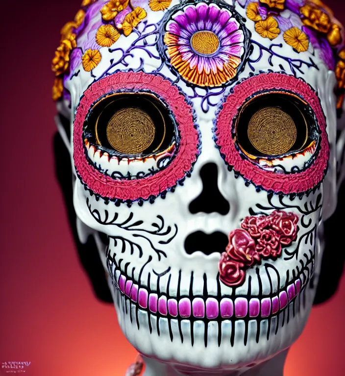 Image similar to La Catrina pretty face, A Close up photo-real delicate ceramic porcelain sculpture of a symmetrical ornate detailed in front of an intricate background by Victo Ngai and takato yamamoto, micro detail, backlit lighting, face in focus, subsurface scattering, translucent, thin porcelain, octane renderer, colorful, physically based rendering, japanese pottery, trending on cgsociety