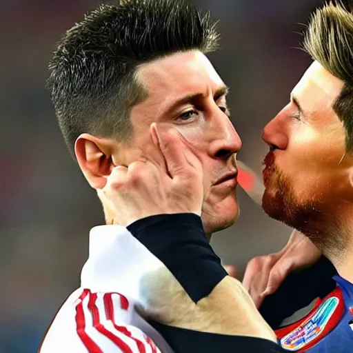 Image similar to Lewandowski and Messi kissing