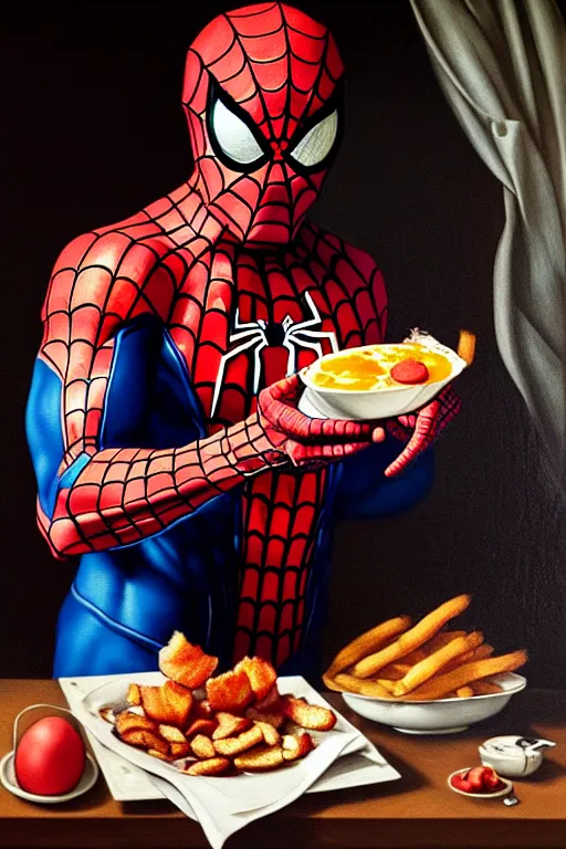 Image similar to spider - man eating fried eggs and bacon, oil painting, high detail, dark lighting, atmospheric, extremely detailed, intricate, da vinci, michelangelo, caravaggio, hans holbein, raphael, donatello, 8 k