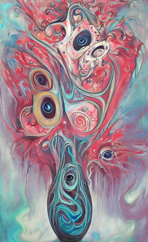 Prompt: a biomorphic painting of a vase with flowers and eyeballs in it, a surrealist painting by Bridget Bate Tichenor, by Georgia O'Keeffe, by Amanda Sage, pastel blues and pinks, featured on artstation, metaphysical painting, oil on canvas, fluid acrylic pour art, airbrush art, marbled