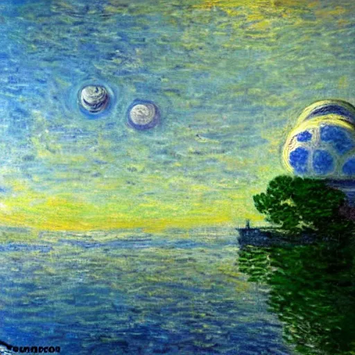 Image similar to a starship in orbit of a large blue planet in the style of monet.