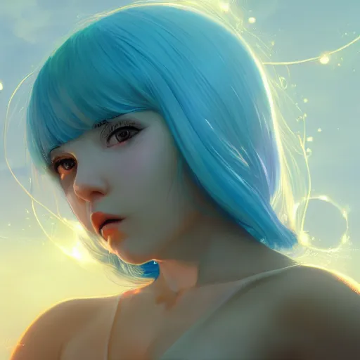 Image similar to ilya kuvshinov with long sky blue hair, gold eyes, professional digital painting, concept art, unreal engine 5, 8 k, cinematic, wlop, bubbles, tendrils in the background, art by greg rutkowski, pixiv art, junji ito, yoshitaka amano