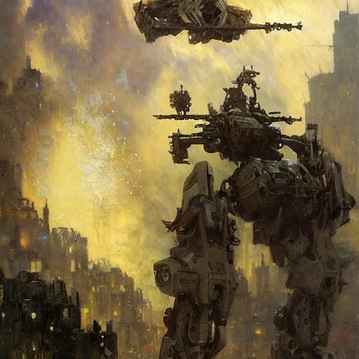 Image similar to six meters tall mech fighting in an urban environment, epic action scene, by gaston bussiere craig mullins jc leyendecker gustav klimt artgerm greg rutkowski john berkey, bergey, craig mullins, ruan jia, raymond swanland, jeremy mann, tom lovell, alex malveda, ray casting, hdr