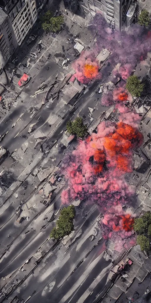 Image similar to post - apocalyptic kreuzberg streets covered in colorful smoke, burned cars, explosions, hyperrealistic, gritty, damaged, drone photography, photorealistic, high details