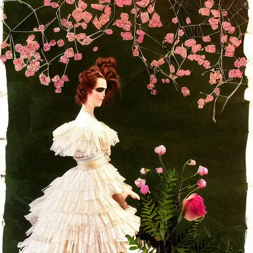 Image similar to On Construction Paper full body fashion model emma watson by Winslow Homer smokey eyes makeup eye shadow fantasy, glow, shimmer as victorian woman in a long white frilly lace dress and a large white hat having tea in a sunroom filled with flowers, roses and lush fern flowers ,intricate, night, highly detailed, dramatic lighting , high quality