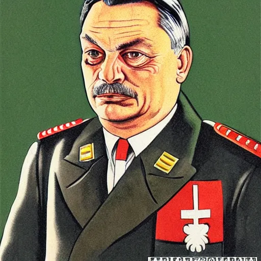 Prompt: portrait of the leader of fascist hungary, viktor orban in nazi uniform, nazi propaganda poster art 1 9 4 4, highly detailed, colored