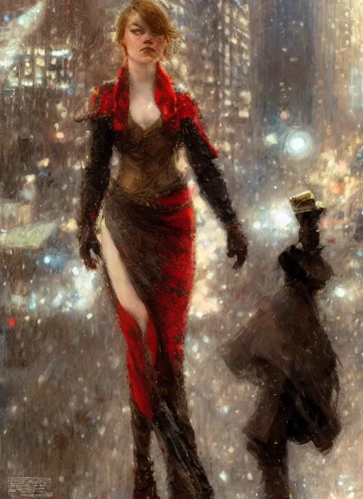 Image similar to emma stone walking into new york building, christmas, artwork by gaston bussiere, craig mullins, trending on artstation