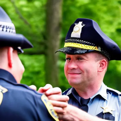 Image similar to A police officer shaking hands with a sheriff, photorealistic