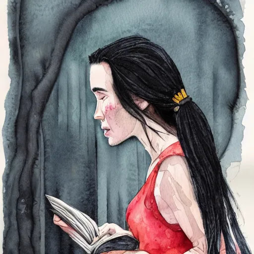 Image similar to full body detailed watercolor illustration of alien jennifer connelly mixed with anya taylor - joy, reading a book, unsettling, hooded long black feathered cloak, uncanny valley, with black feathers instead of hair, gothic, guillermo del toro, gray mottled skin, pale and sickly, profile view, - - ar 9 : 1 6