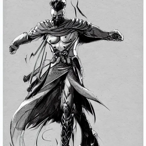 Image similar to concept art character, very high angle view, very attractive man with beard, highly detailed full body, strong masculine features, sturdy body, with a futuristic sword in the right hand, command presence, royalty, smooth, sharp focus, organic, appealing, book cover, deep shadows, by Dave McKean sketch lineart for character design