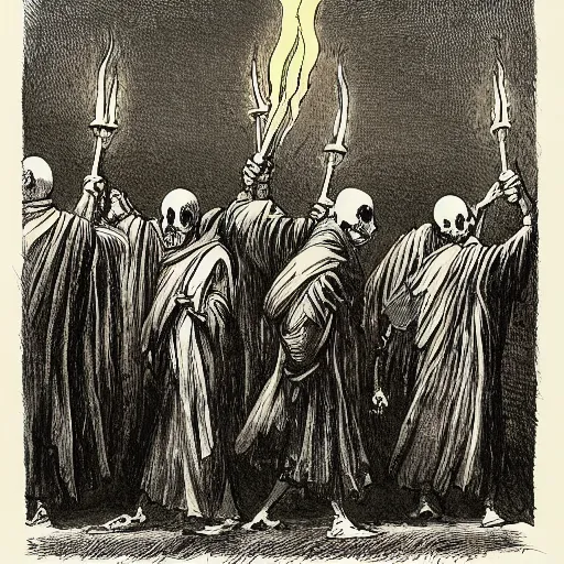 Prompt: illustration of tall monks walking in line holding candles and skulls, ralph steadman, de vinci, francisco goya