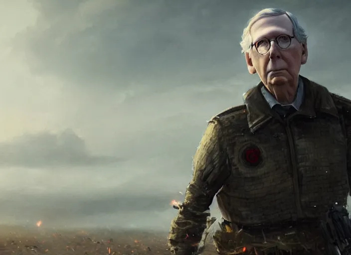 Prompt: close up cinematic artwork of mitch McConnell staring down the enemy on the battlefield by Greg Rutkowski, 4k, masterpiece