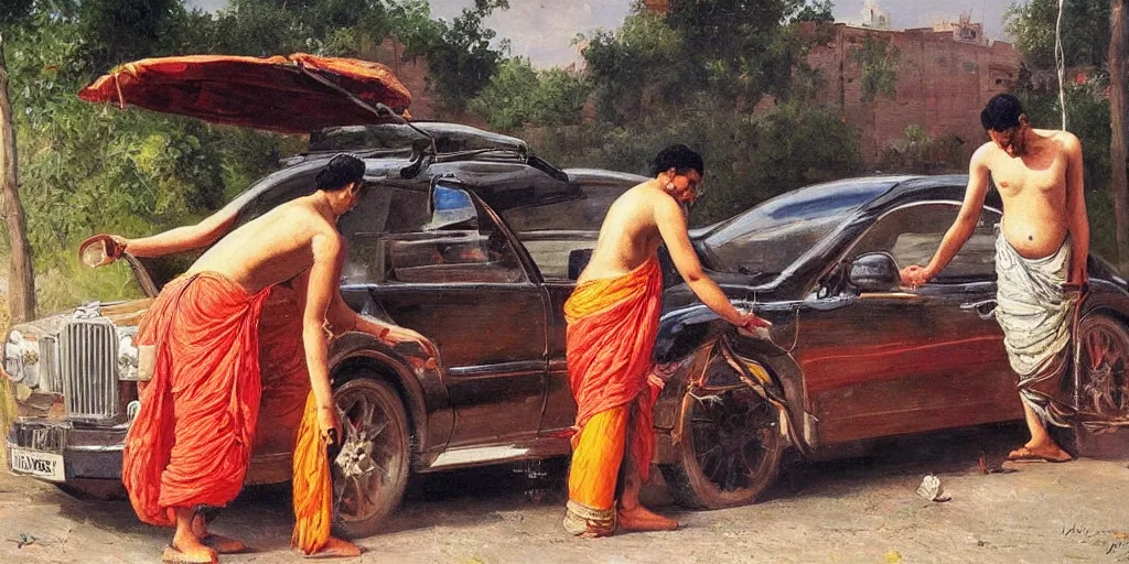 Prompt: man washing his car in the style of raja ravi verma, ultra detailed, high detail, impressionism,