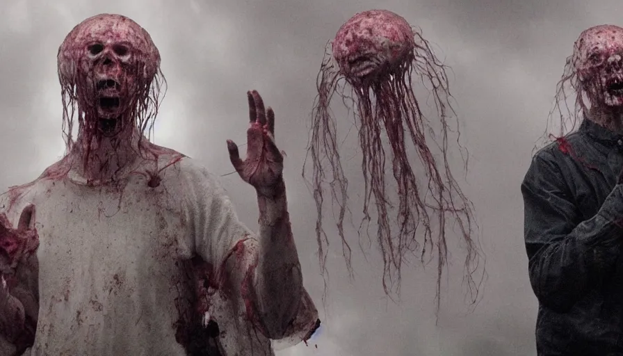 Image similar to big budget horror movie about alien jellyfish using mind control to turn people into zombies