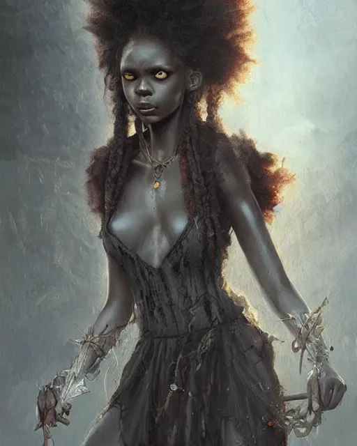 Image similar to gothic afro girl, hyper realistic face, beautiful eyes, fantasy art, in the style of greg rutkowski, intricate, hyper detailed, smooth