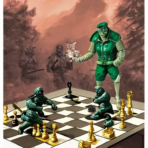 Image similar to two generals playing chess with toy army men, artwork by moebius, artgerm and artstation