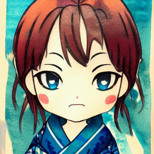 Image similar to beautiful water color concept art of face detailing cute nendoroid girl in the style of ukiyoe , toon rendering, close-up, no shade, flat shading