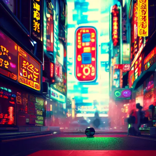 Prompt: Sentient pachinko machine on the streets of Neon Tokyo, octane render, volumetric lighting, sharp focus, oil on canvas, night time, 4k