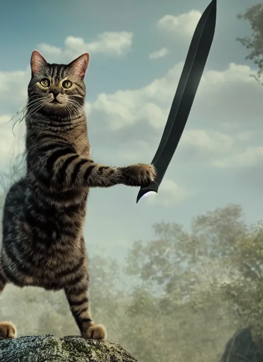 Image similar to film still of a bipedal cat with a black eyepatch over its right eye and a huge sword on its back, 4 k