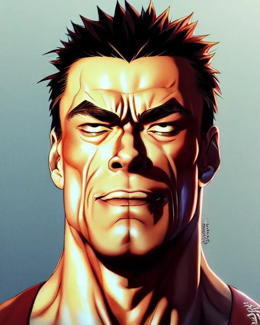 Image similar to anime portrait of Jean Claude van Damme as an anime man by Stanley Artgerm Lau, WLOP, Rossdraws, James Jean, Andrei Riabovitchev, Marc Simonetti, and Sakimichan, trending on artstation