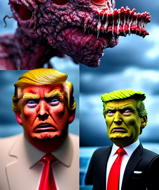 Image similar to hyperrealistic rendering, epic boss battle, cronenberg flesh monster donald trump, by art of skinner and richard corben, product photography, collectible action figure, sofubi, hottoys, storm clouds, outside, lightning