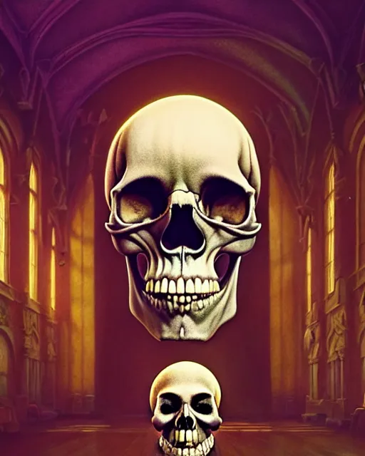 Image similar to highly detailed surreal vfx portrait of a skull in a great hall, stephen bliss, unreal engine, greg rutkowski, loish, rhads, beeple, makoto shinkai and lois van baarle, ilya kuvshinov, rossdraws, tom bagshaw, alphonse mucha, global illumination, detailed and intricate environment