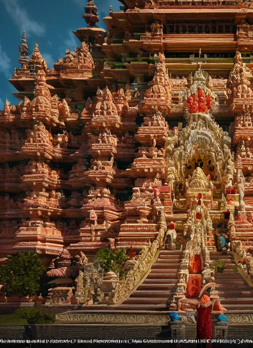 Image similar to wide - angle shot of hindu temple, depth of field, zeiss lens, detailed, symmetrical, centered, fashion photoshoot, by nicoletta ceccoli, mark ryden, lostfish, earl nore, hyung tae, frank frazetta, breathtaking, 8 k resolution, extremely detailed, beautiful, establishing shot, artistic, hyperrealistic, octane render