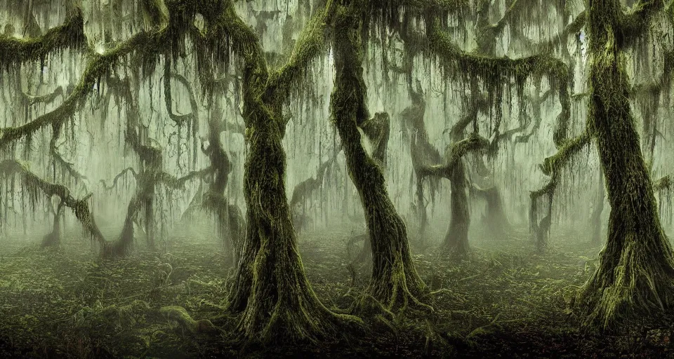 Prompt: A dense and dark enchanted forest with a swamp, by Jason De Graaf