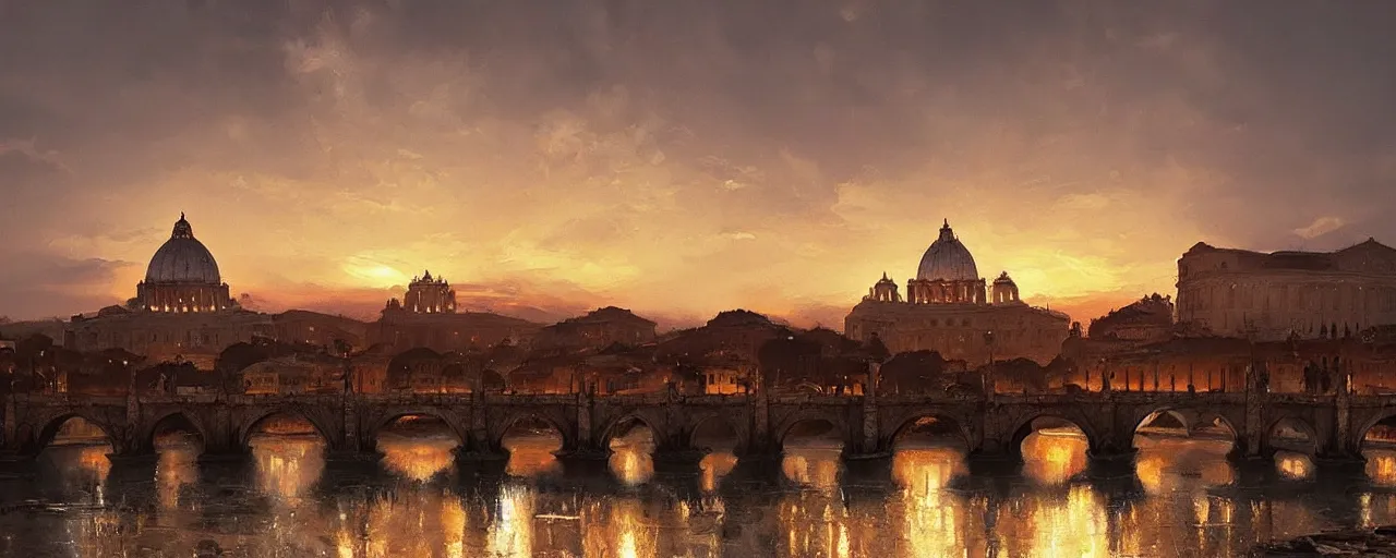 Prompt: oil painting of rome skyline at sunset, natural light, concept art, by greg rutkowski, cozy atmospheric and cinematic lighting