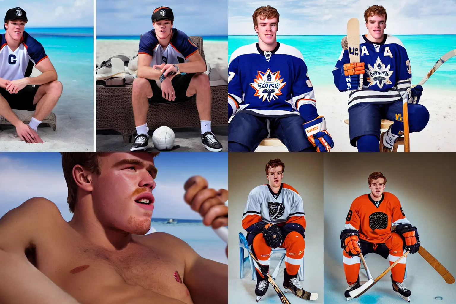 Prompt: While smoking a cigar, Hockeyplayer Connor McDavid wearing full Hockey gear and sitting in a sunchair on the beach of Bahamas, symmetric face, far away, hyperdetailed, hyperrealistic, 4k