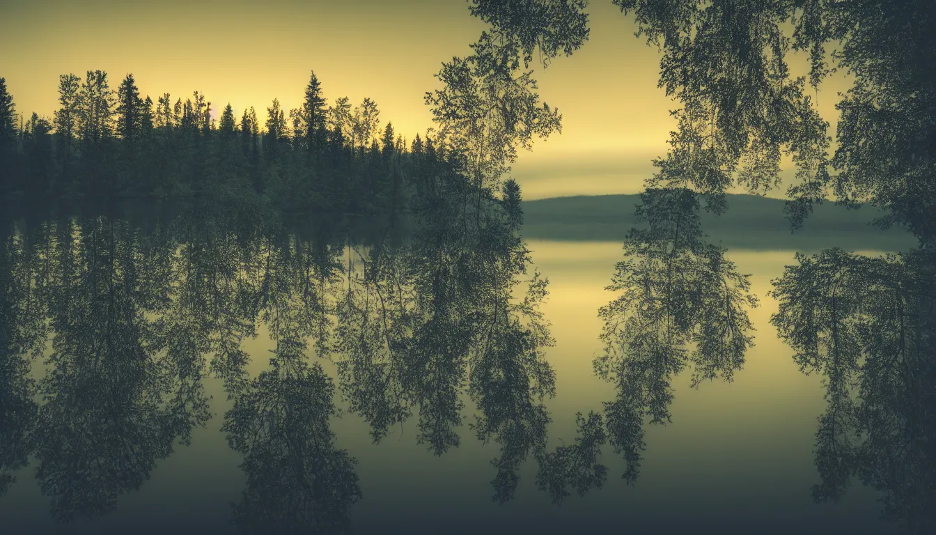 Image similar to calm lake, golden hour evening, horror movie, raining, atmospheric, scary, claustrophobic, ambient vibe, very detailed, high resolution, 8 k