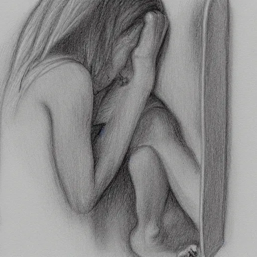 Prompt: backside photograph of a girl holding the bathroom sink while facing the mirror and crying, textured pencil sketch