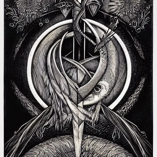 Prompt: emblem of wisdom, engraving illustration by Aaron Horkey