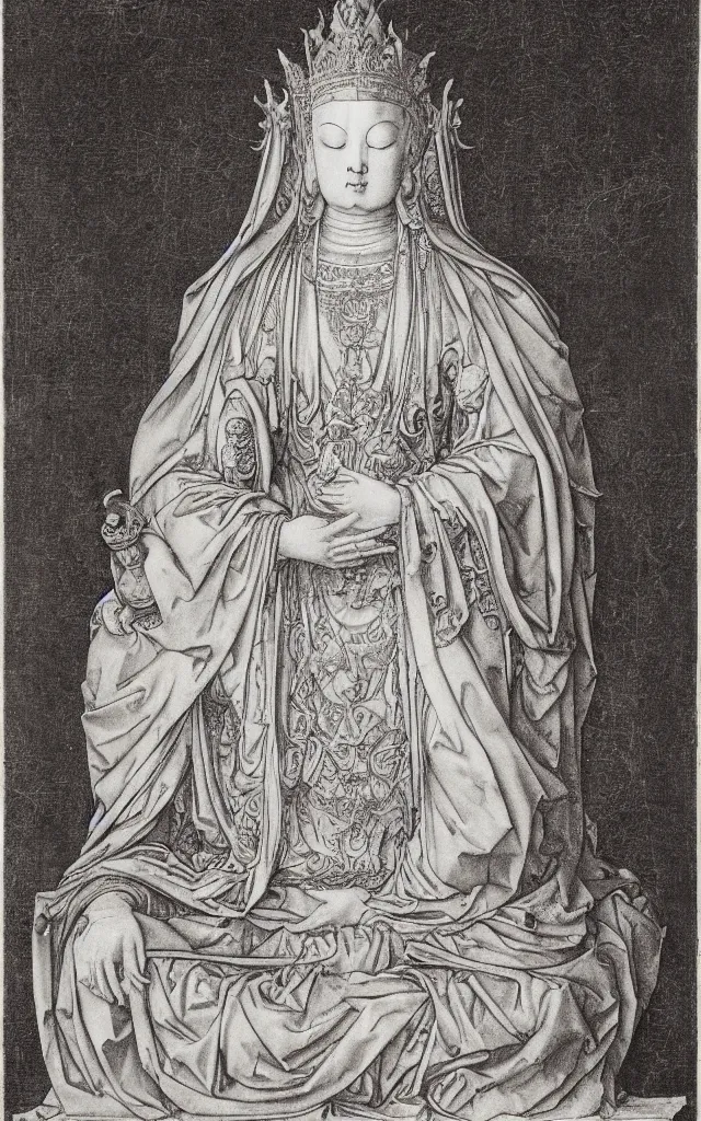 Prompt: albrecht durer engraving of guanyin kannon