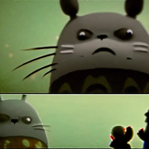 Prompt: found footage of the last moments before Totoro closes in for the kill, body cam footage, grainy
