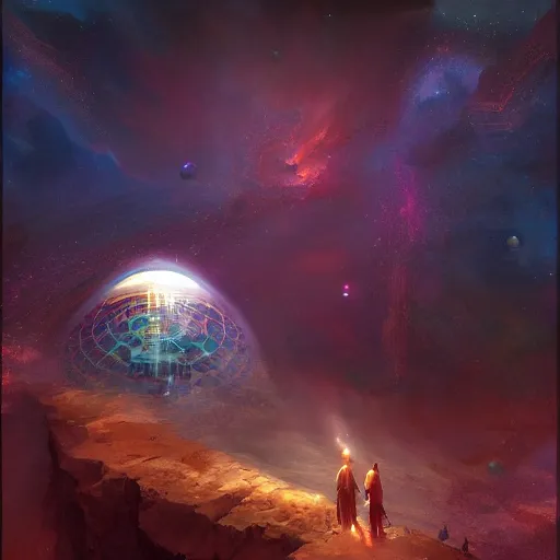 Image similar to a spiritual journey in the cosmos, by peter morbacher and marc simonetti, trending on artstation,