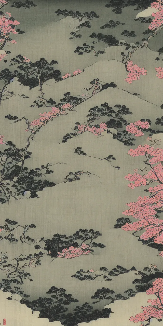 Image similar to sakuras, taoist monks and temples in huangshan, artwork by katsushika hokusai and utagawa hiroshige