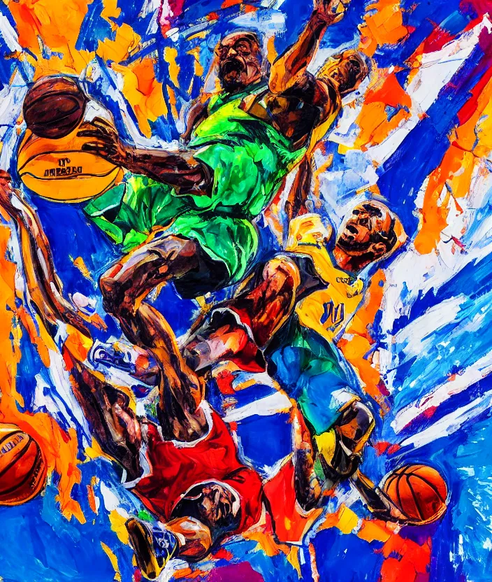 Image similar to ( ( ( expressionist painting of walter white dunking a basketball ) ) ), dynamic perspective, expressionist, colorful, detailed, many layered colores